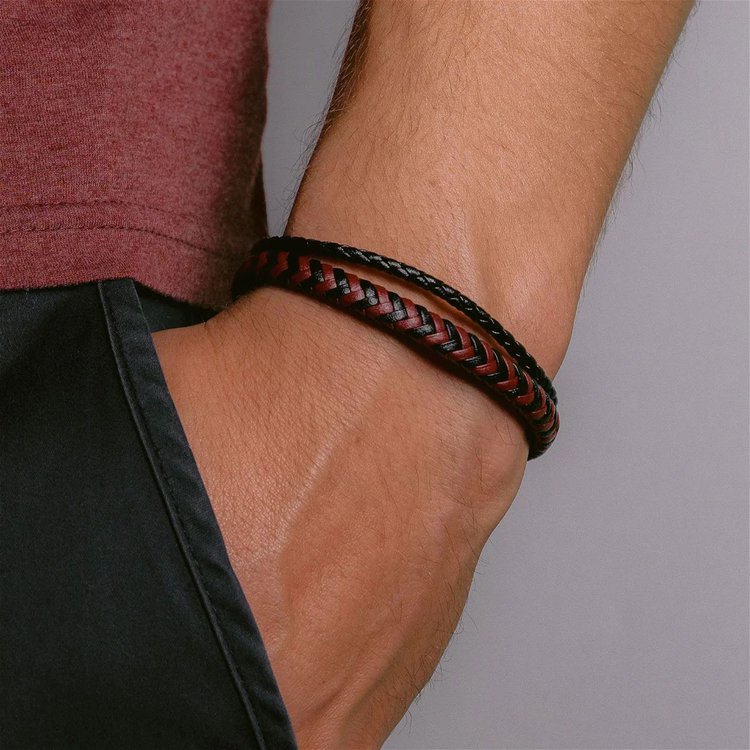 Armband 21 - Leder Stahl - schwarz rot - doppelt