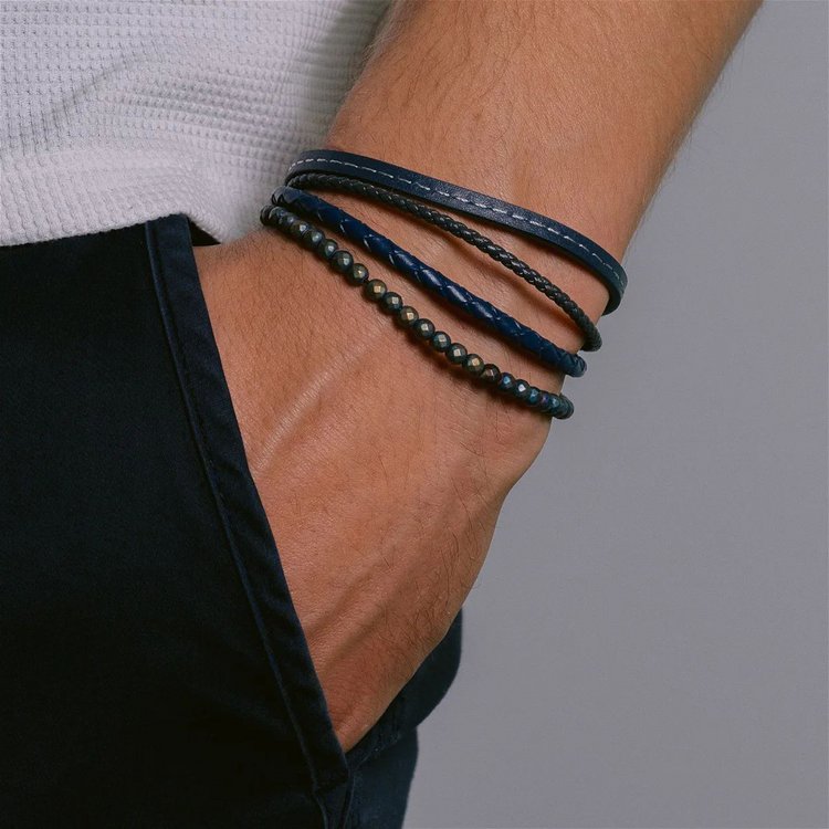 Armband 21 - Leder Stahl - schwarz blau- vierfach